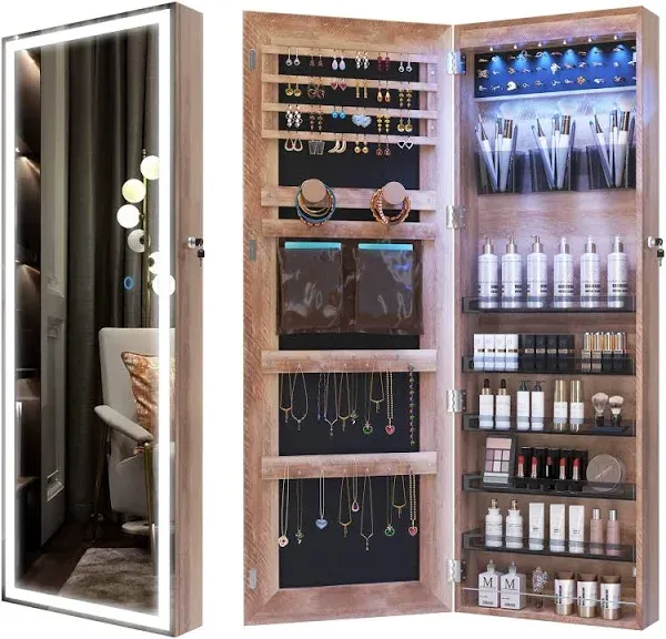 LVSOMT LED Jewelry Mirror Cabinet, Wall/Door Mounted Full Length Mirror with Lights, Lockable Jewelry Storage Armoire Organizer, Over the Door Hanging Lighted Mirror with 6 Shelve (Wood)