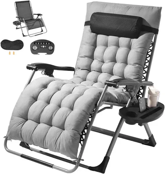 VEVOR Zero Gravity Chair, 33 inch Zero Gravity Recliner Lounge Chair for Indoor and Outdoor, Adjustable Anti Gravity Chair with Cushion, Headrest, Footrest, and Cupholder, 500 lbs, Gray