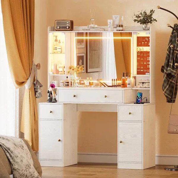 PAKASEPT 43" Makeup Vanity Desk with Mirror and Lights, Big Vanity Set for Bedroom