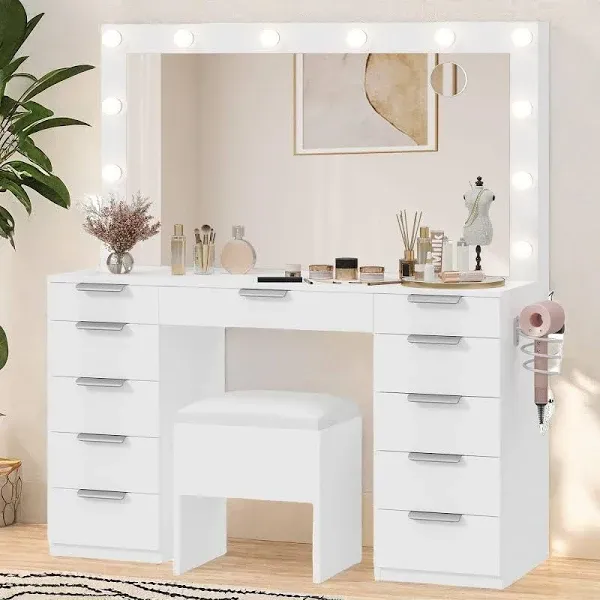 Yitahome Vanity Desk Set with Large LED Mirror & Power Glass Top Vanity with 11 Drawers and Magnifying Glass