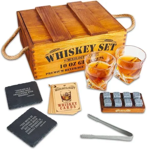 Mixology Whiskey Gift Set Whiskey Glass Set with Rustic Wooden Crate