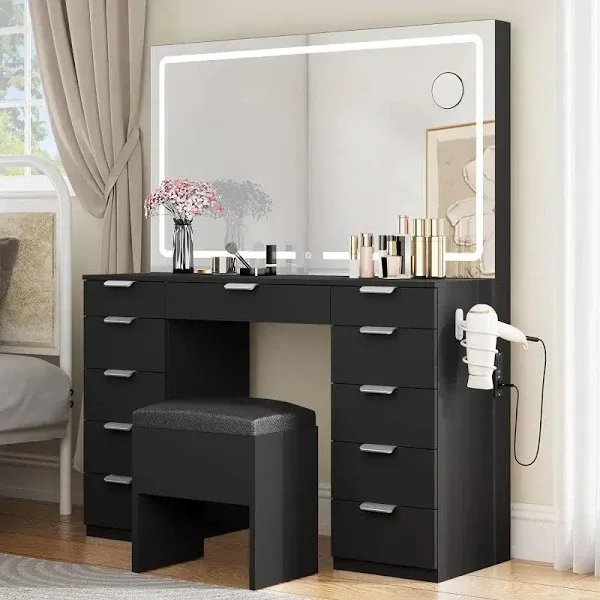 Yitahome Vanity Desk Set with Large LED Mirror & Power Glass Top Vanity with 11 Drawers and Magnifying Glass