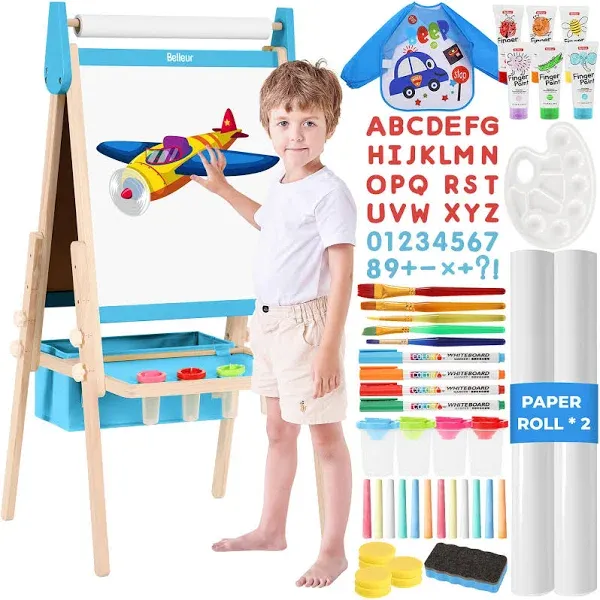 All-in-One Art Easel for Kids with 2 Paper Rolls & Deluxe Accessories, Adjustable Magnetic Double Sided Whiteboard & Chalkboard, Painting Kid Easel for Toddlers 2-8, Ideal