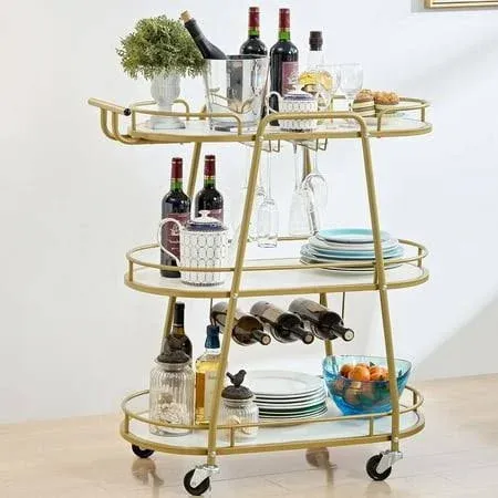 Gold 4-Tier Mobile Bar Serving Cart with Storage Shelves, Wine Rack, Glass Holder, Kitchen, Living Room