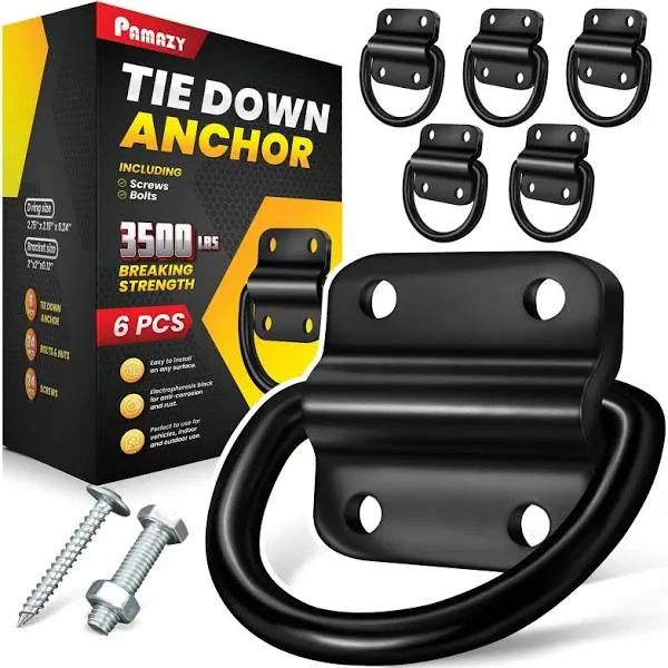 6PCS Heavy Duty Steel D Rings Tie Down Anchors, Ultra Durable 3500 Pound Breaking Strength Surface Mount Hooks Securing Cargo for Trailer, Truck Bed, with Screws & Bolts