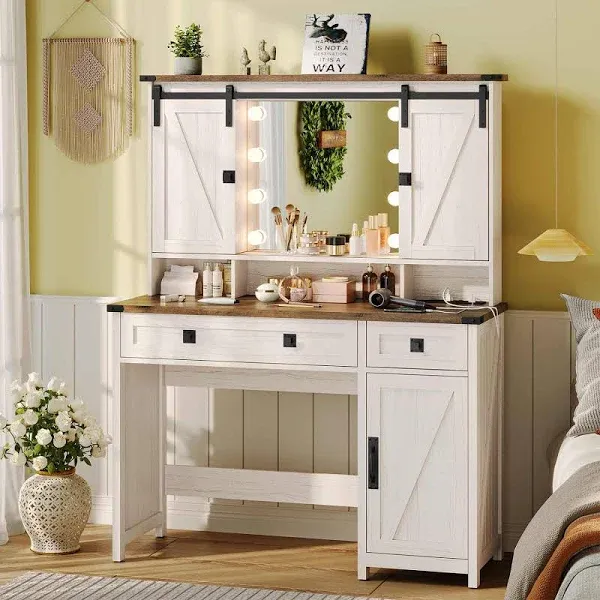 Aogllati Makeup Vanity with Lights & Barn Doors, Vanity Desk with Mirror and Lights & Charging Station, Farmhouse White Vanity Table with Jewelry