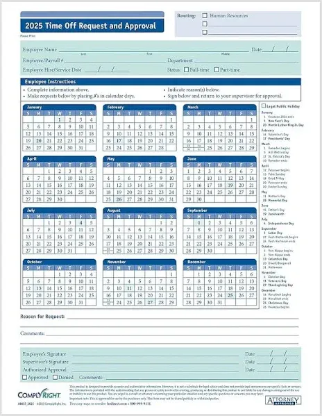 ComplyRight 2025 Time Off Request and Approval Calendar (Pack of 50)