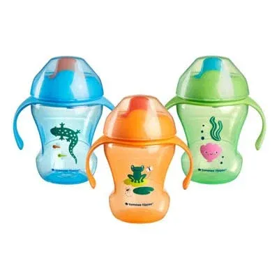 Tommee Tippee Trainer Sippee, 7fl oz, Sippy Trainer Cups for Babies 6 Months+, Blue, Orange and Green, 3-Pack