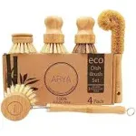 ARYA Wooden Dish Brush Set 4 Kitchen Washing Up Brushes & One Replacement Head Bamboo & Natural Fibers Eco Friendly Wooden Pot Brush Scourer Scrubber