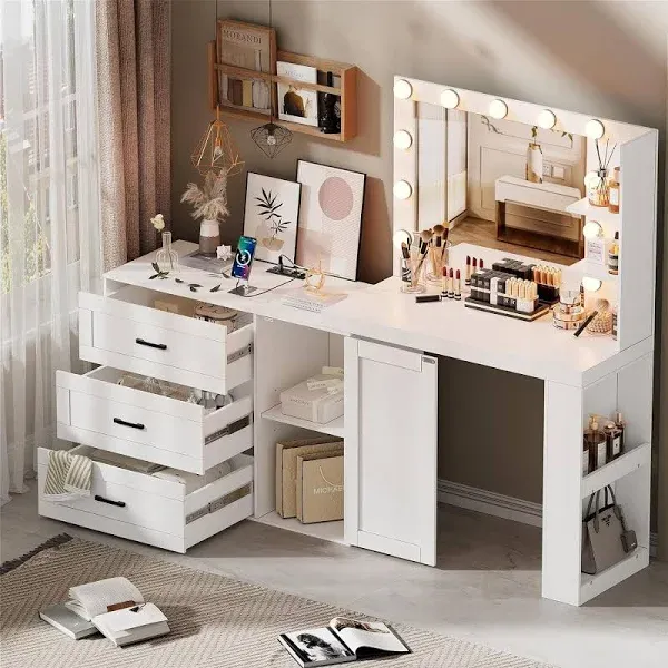 Pakasept 3-Drawer Makeup Vanity with 3-Color Lights, Mirror, Charging Station, Storage Shelves, 