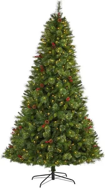 Nearly Natural Aberdeen Spruce Artificial Christmas Tree with 500 Clear LED Lights, Pine Cones and Red Berries