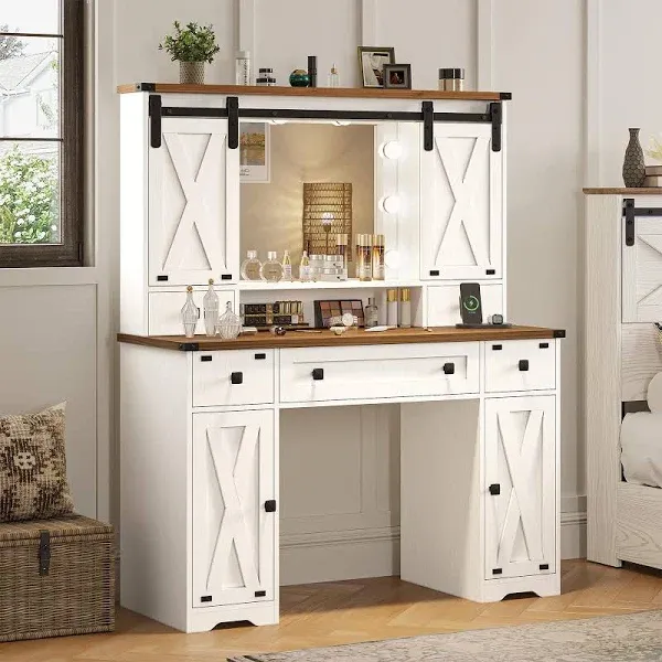 Aogllati Makeup Vanity with Lights & Barn Doors, Vanity Desk with Mirror and Lights & Charging Station