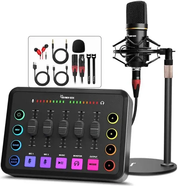 Hayner-Seek Podcast Equipment Bundle, Gaming Audio Mixer with 48V Podcast Microphone, Individual Volume Slider, Voice Changer RGB Audio Interface for