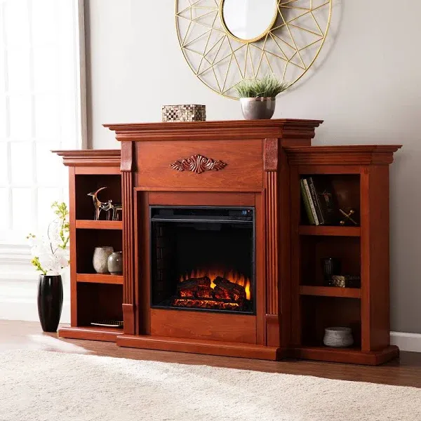 SEI Furniture Tennyson Electric Bookcases Fireplace, Mahogany