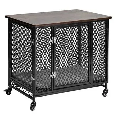 Aivituvin Dog Crate Furniture Movable Side End Table Indoor Dog Kennel for Small Medium Large Dogs Double-Doors Wooden Dog House with Cushion, Tray, Wire Floor(27.2")