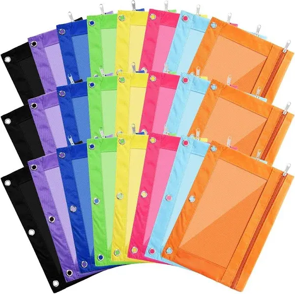 Boao 24 Pcs Pencil Pouch for 3 Rings Binder Pencil Bags Bulk with Zipper Colorful Pencil Case Stationery Bag with Clear Window for Office Supplies