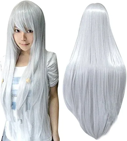 Anogol Women's Peluca Long Straight Silver Wig