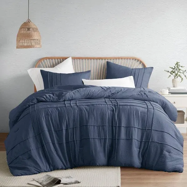 Comfort Spaces Navy King Size Comforter Set - 3 Pieces Pintuck Pleated Bedding Sets King, All Season Lightweight, Extra Softness Pre-Washed Microfiber King Bed Set, Shams, King