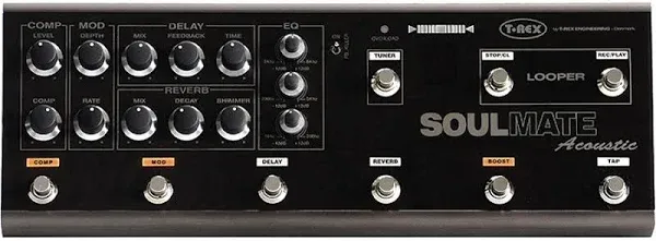 T-Rex Engineering SOULMATE-ACOUSTIC Guitar Multi Effects Pedal with Compression, Modulation, Delay, Reverb, 3-Band Equalizer, Built-In Tuner, and Looper (10036)