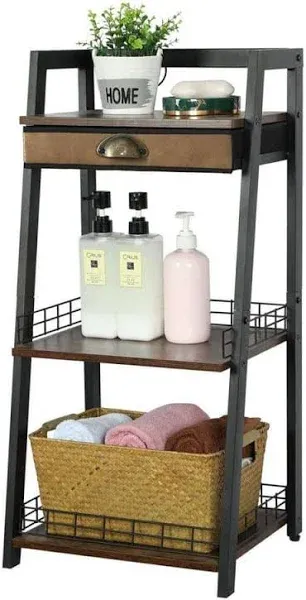  Bathroom Ladder Shelf, Bathroom Floor Storage Shelf with Drawer, 3-Tier Brown