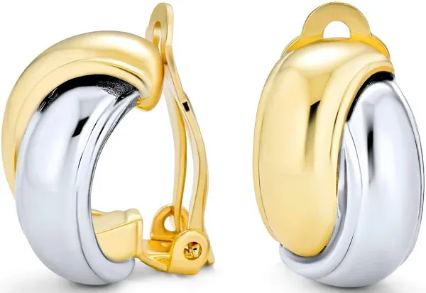 Bling Jewelry Two Tone Interlocking Circle Dome Hoop Clip-On Earrings