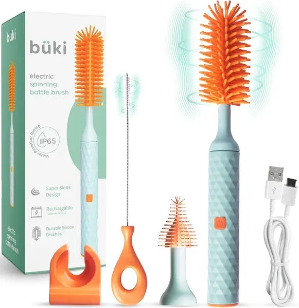 Büki Electric Baby Bottle Cleaning Brush Set - Rechargeable Electric Bottle Brush with Straw Cleaner - Water Bottle Cleaning Kit, Nipple Brush, 1200mAh Brush Cleaner (by Kindersense)