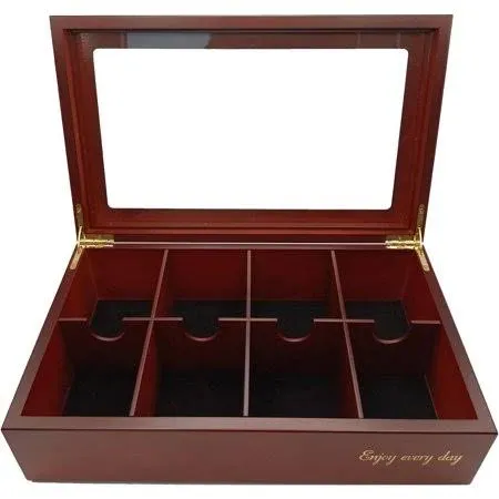  Tea Bag Organizer, Wooden Tea Box with 8 Compartments, Solid Wood Cover Cherry