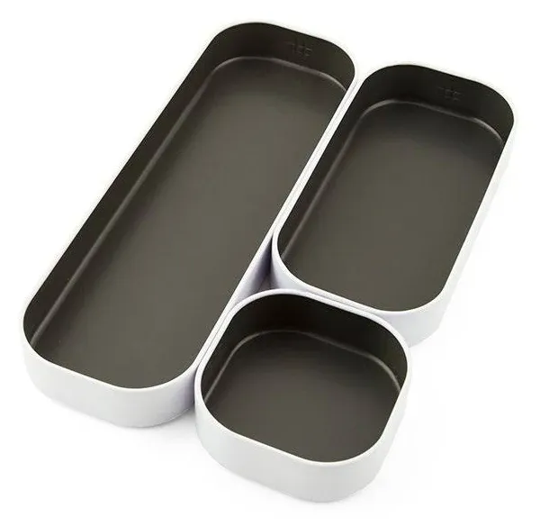 Three by Three Seattle 3 Piece Shallow Metal Organizer Tray Set for Storing Makeup, Stationery, Utensils, and More in Office Desk, Kitchen and Bathroom Drawers (1 Inch, Gray and White)