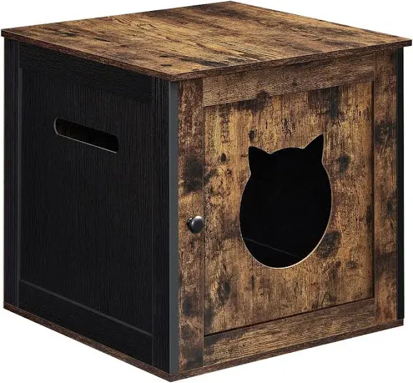 Feandrea Cat Litter Box Furniture, Hidden Litter Box Enclosure Cabinet with Single Door, Indoor Cat House, End Table, Nightstand, Rustic Brown and Black UPCL004X02