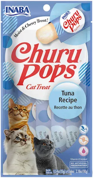 INABA Churu Pops, Grain-Free, Soft, Moist and Chewy Jelly Cat Treats with Vitamin E, 0.54 Ounces Each, 24 Tubes (4 per Pack), Tuna Recipe