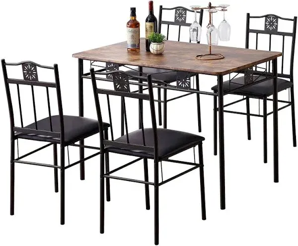 VECELO Dining Table Set with 4 Chairs, Retro Brown