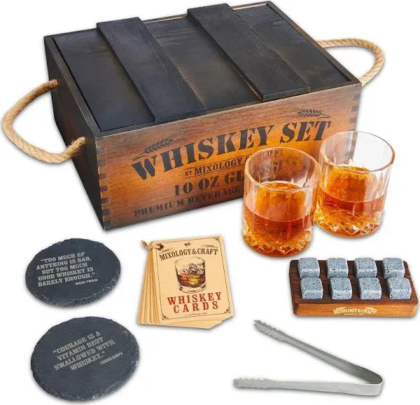 Mixology Whiskey Gift Set Whiskey Glass Set with Rustic Wooden Crate