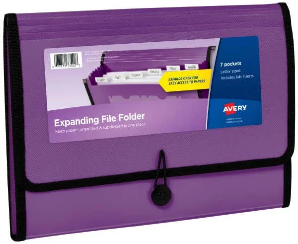 Avery Expanding File Folder Organizer, 7-Pocket Accordion File Organizer, Plum, Holds 425 Letter/A4-Size Sheets (73552)