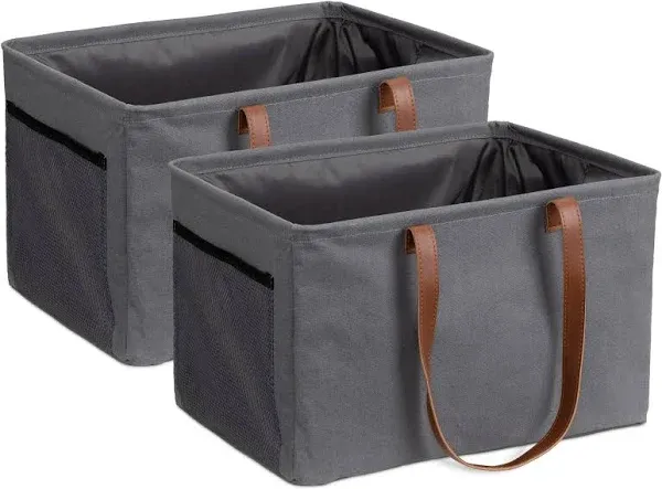 Navaris Collapsible Laundry Baskets - Set of 2 - Foldable Washing Hampers - Clothes Storage Bins with Fabric Drawstring Lid & Side Handles - Gray