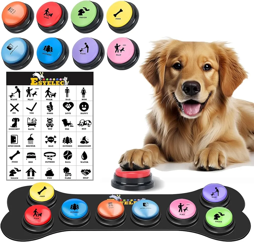 Dog Buttons for Communication Starter Pack 8 Dog Talking Button Set, 30s Voice Recording Speaking Button Pet Speech Training Buzzers with 30 Scene Stickers and Dog Button Mat for Animal Training