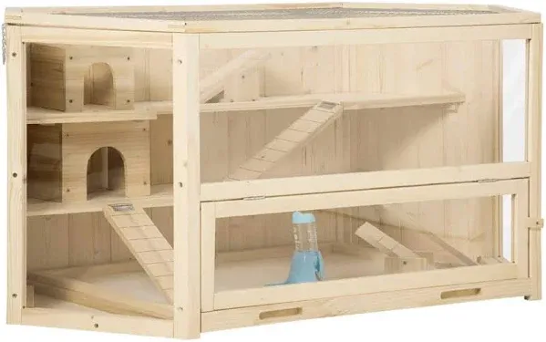 PawHut Wooden Large Hamster Cage Small Animal Exercise Play House 3 Tier with Tray