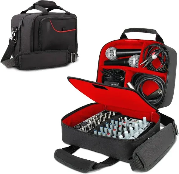 USA Gear Compact Audio DJ Mixer Case - Mixer Bag with Custom Storage for Cables & Microphones Compatible with Behringer Xenyx 802, 502, 1002, Q802USB & More Mixers - Scratch & Water Resistant (Red)