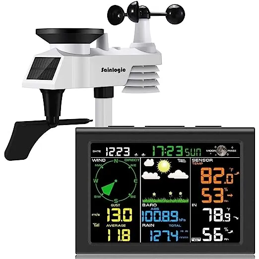 sainlogic Wireless Weather Station with Outdoor Sensor, 8-in-1 Weather Station with Weather Forecast, Temperature, Air Pressure, Humidity, Wind Gauge, Rain Gauge, Moon Phase, Alarm Clock (No WiFi)