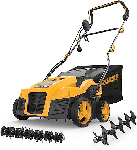 Rock&Rocker 16-Inch 15 Amp Electric Dethatcher Scarifier, 5-Position Height Adjustment, 48.4QT Removable Thatch Bag, Quick-Fold, with Scarifier Blade, Removing Thatch, Lawn Mower's Mate