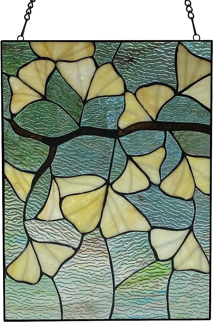 RIVER OF GOODS Ginkgo Leaf Stained Glass Window Hanging - 17.5" H Rectangular - Suncatcher - Multicolor Panel