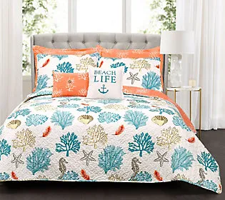 Lush Decor Coastal Reef Feather Reversible Oversized 5 Piece Quilt Set, Twin/Twin-XL, Blue & Coral