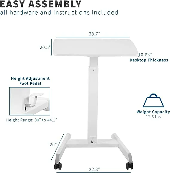 Vivo White 28" Pneumatic Mobile Workstation Cart, Sit-Stand Laptop Desk