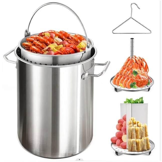 ARC Advanced Royal Champion Stainless Steel Grill Pan with Multi-Function Design - Crawfish Boil Pot with Strainer Basket, Lift Hook, Steamer Insert Rack, and Divider