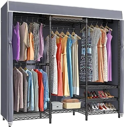 VIPEK V5C Portable Clothes Closet Wardrobe Bedroom Armoires Heavy Duty Covered Clothes Rack, Black Metal Clothing Rack with Grey Oxford Fabric Cover