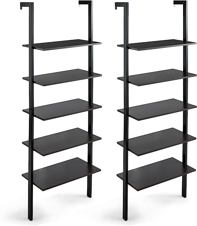 5-Tier Ladder Shelf Wood Wall Mounted Display Bookshelf Metal Frame Brown &amp;Black