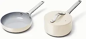 Caraway Mini Duo - Non-Stick Ceramic Mini Fry Pan (1.05 qt, 8") & Mini Sauce Pan (1.75 qt) - Non Toxic, PTFE & PFOA Free - Oven Safe & Stovetop Agnostic (Gas, Electric & Induction) - Cream