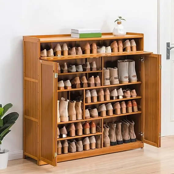 7 Tiers 43 Pairs Shoe Rack Cabinet with Door, Organizer Storage Shoes Bamboo ...