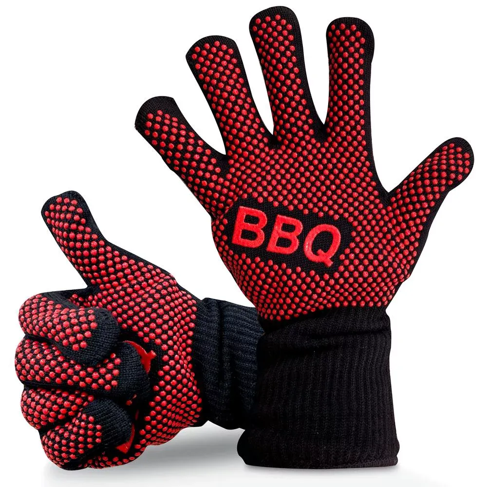 Nutrichef Extreme Heat Resistant Grill Gloves - 14'' Food Grade Kitchen Oven Mitts, Silicone Non-Slip Cooking Gloves for Barbecue (Pair)