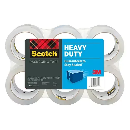 Scotch Heavy Duty Packaging Tape, 1.88" x 54.6 yd, Designed for Packing, Shipping and Mailing, Strong Seal on All Box Types, 3" Core, Clear, 6 Rolls (3850-6) 