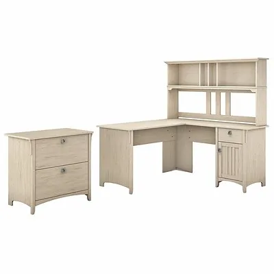 Bush Furniture Salinas 60W L Shaped Desk with Hutch and Lateral File Cabinet Cape Cod Gray